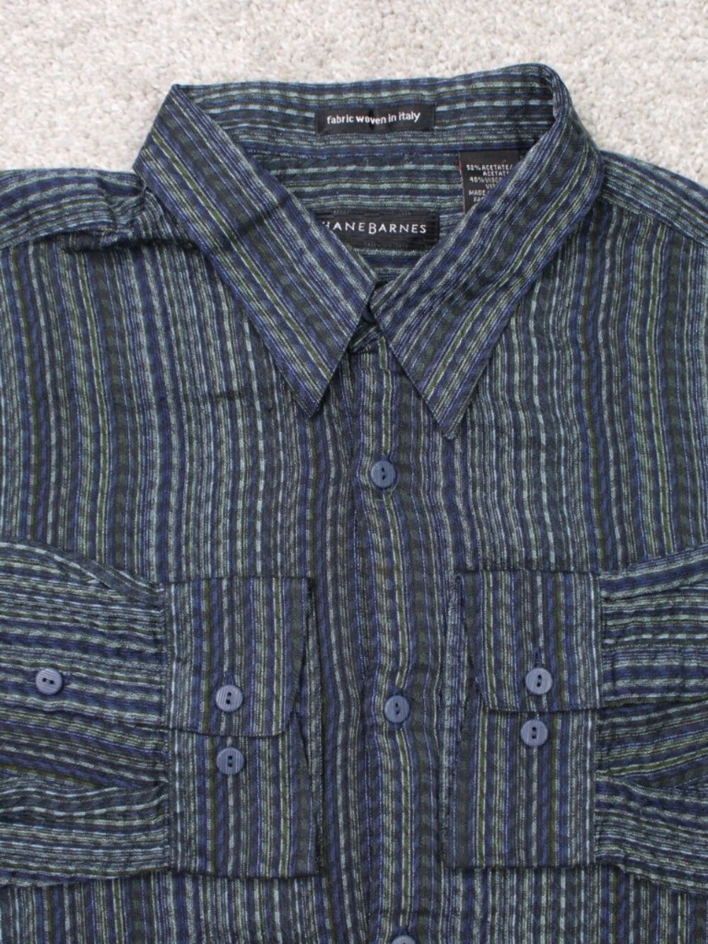 Jhane Barnes Shirt Mens XL Blue Geometric Acetate/Viscose Long Sleeve Button